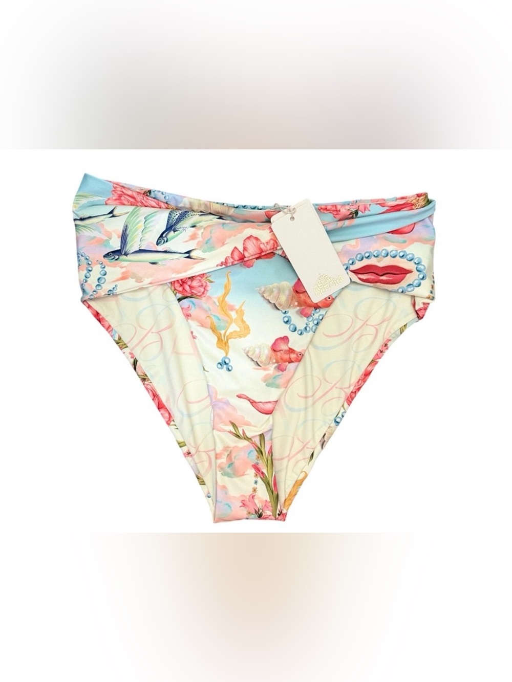 AGUA BENDITA Lily Nacar 17862 High Waist Bikini Bottom Blue Floral Fish NWT #56
